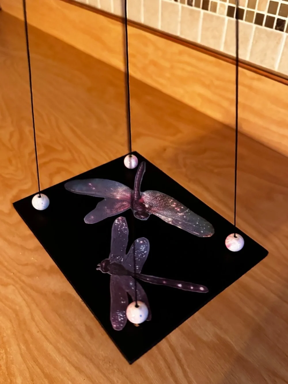 Hand crafted dragonfly floating hanging shelf with glass cup